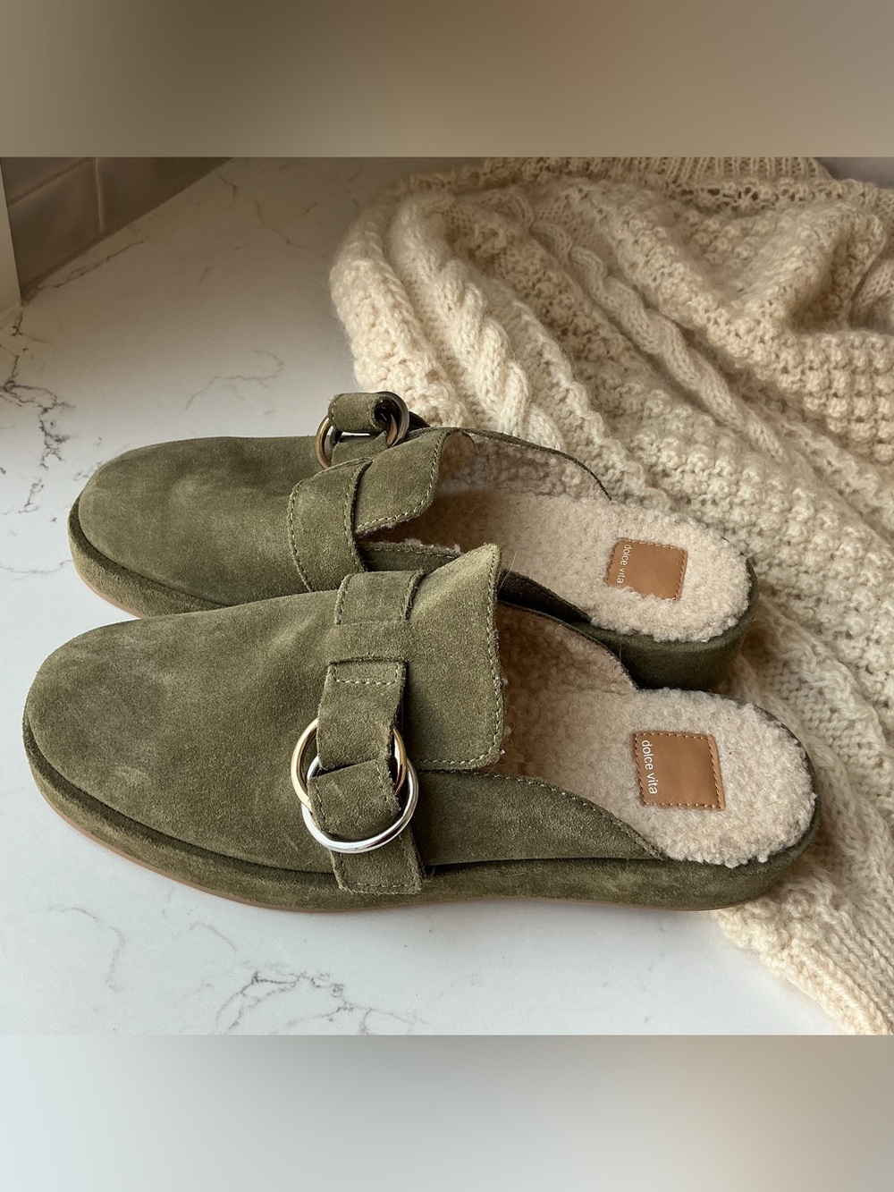 Dolce Vita Olive Suede Shearling-Lined Clog Mules Woman’s Size 10 EUC